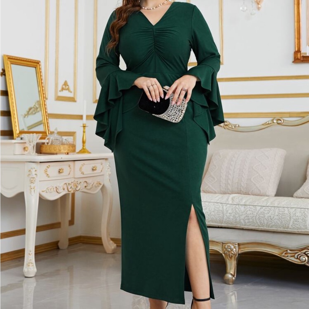 SHEIN Teal Long Sleeve Dress with Ruched Detail